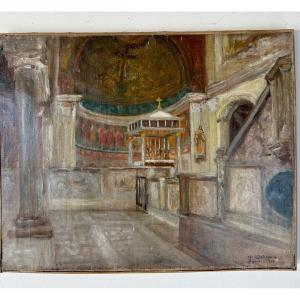 Oil On Canvas Early 20th Signed Henry d'Estienne. Breton Church Interior