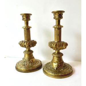 Pair Of Late 19th Century Gilded Bronze Candlesticks By Auguste Ledru. Edition Font By S. Marchi 