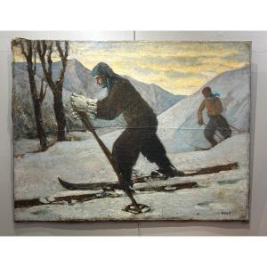 Huile Sur Toile 1935/40 Représentant Des montagnes enneigées avec skieurs Peintre Italien  Pisi Paride Tableau signé 