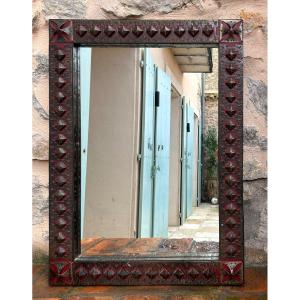 Rectangular Mirror In Hammered Iron And Red Leather 1960s/70s