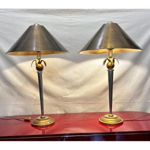 Pair Of Lamps Decorated With Pineapples In Steel And Varnished Brass Metal Lampshades 1970s/80s