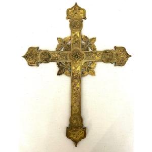 Procession Cross In Gilt Bronze 19th. Religious Art Object 