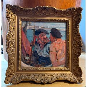 Oil On Cardboard “two Sailors Fishermen In The Basque Country Painter René Gustave Pierre
