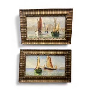 Pair Of Panels Depicting Vendée Boats - Oil On Wood - Gabriel Augizeau - 20th Century 
