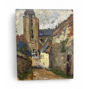 Vue d’un village, paysage de Lucien Madrassi - Début 20ème - Huile sur carton