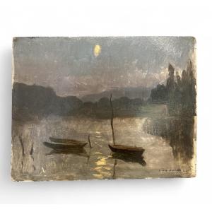 Paysage de nuit, barques au coucher du soleil - Edmond Lesselier - 1911 - Huile sur carton