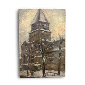 Village Under The Snow - Church Of Mareuil - Alfred-victor Fournier - Deb 20eme - Oil On Wood