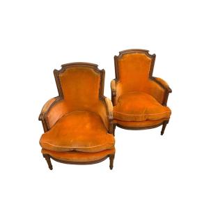 Paire de bergères style Louis XVI - début 20ème - velours