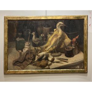 Still Life From A Cabinet Of Curiosities - Taxidermy Workshop - Early 20th Century - Oil On Wood