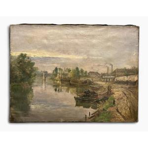 Huile sur toile - paysage - bord de rivière - 20eme