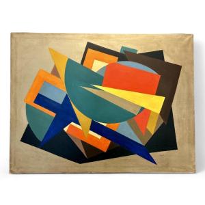 Oil On Canvas By Oscar Troneck. Swiss Painter. Abstraction Geometry. 20th/21st Century 