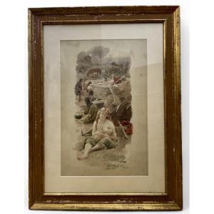 Watercolor By André Boyer - 20th Century - School Of Paris - Genre Scene - Woman And Child