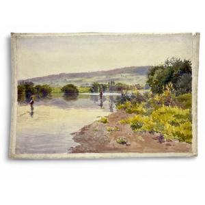 Aquarelle - pêcheurs dans la rivière - Paul Grégoire (Aquarelliste Français - 20ème)