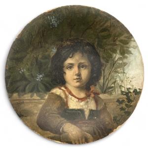 Plate - Oil On Cardboard - Portrait Of A Child - Italy 20th Century