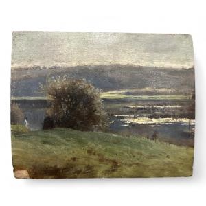 Huile sur bois - Paysage d’eau - début 20eme