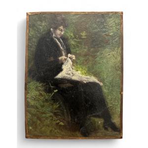 Woman Sewing In Nature - Genre Scene - Oil On Cardboard - 20th Century