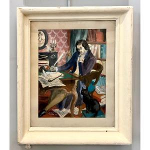 Gouache On Paper 1946 - Jacques Liozu - The Writer