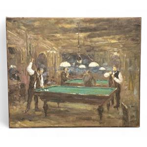 Huile sur toile - joueurs de billard - scène de genre - 1950