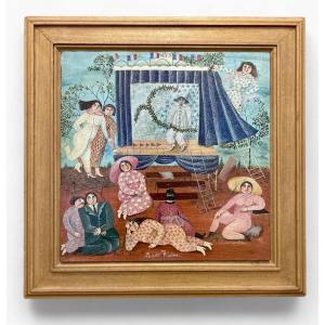 Huile sur panneau - Naïf - Dominique Sellier - 20ème - « Le petit théâtre »
