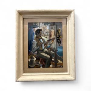Gouache sur papier - 1946 - Jacques Liozu - Peintre devant son chevalet