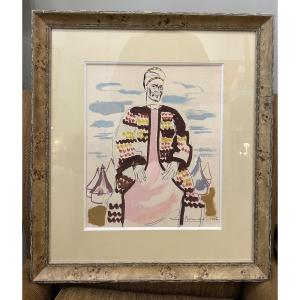Aquarelle «portrait d’homme » de la peintre africaniste Renée Bernard XXème