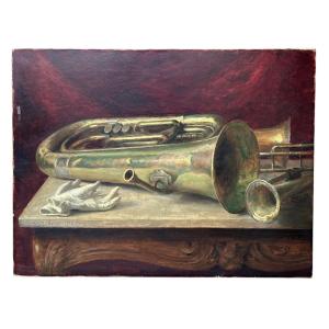 Otto Bache  Danois 20ème « Les instruments de musique » huile sur toile 