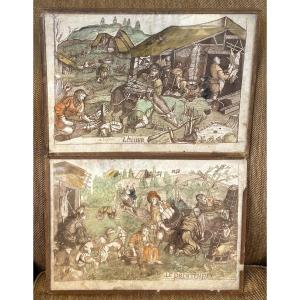 Two Old Coloured Engravings "spring And Winter" After Antonio Tempesta. 