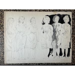 Hans Herni(1909-2015) grand dessin original signé daté 1953, encre et lavis Figures féminines