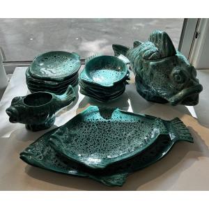 Marius Giuge, Vallauris – 16-piece Glazed Ceramic Bouillabaisse Service With Fish Motifs – Circ