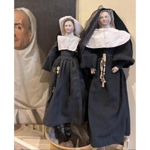 Poupées moniales religieuses XIXe, chapelet, croix, médaille, objet de curiosité, art religieux