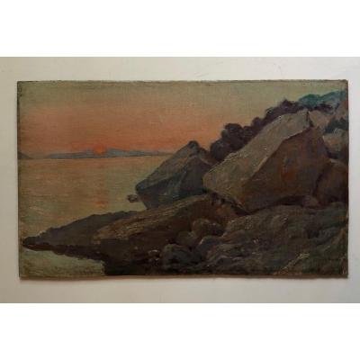 Sunset In Brittany Early 20th Oil On Cardboard Signed R Duvernois