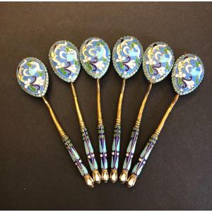 6 Mocha Spoons In Silver, Vermeil And Enamels Russian Work 1907 Pavel Akinov Ovchinnikov