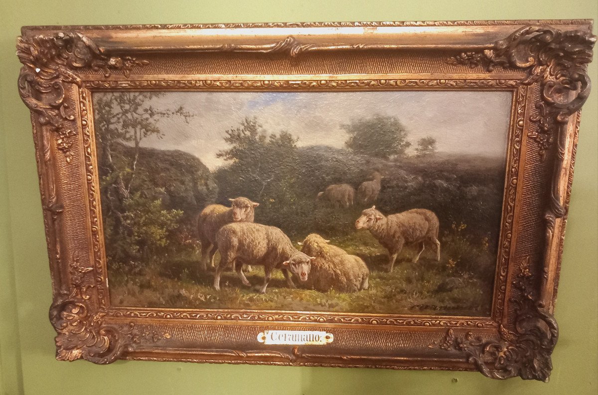 Tableau Troupeau de Moutons - Signé Ceramano - 1829-1909