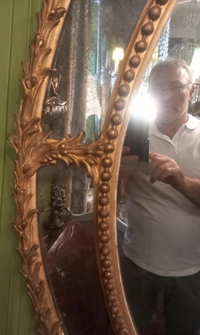 Grand Miroir Ovale à Parcloses en Bois et Stuc Doré-photo-1