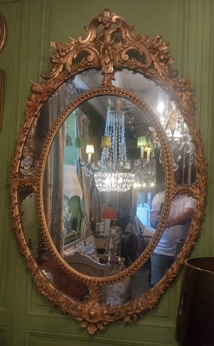 Grand Miroir Ovale à Parcloses en Bois et Stuc Doré