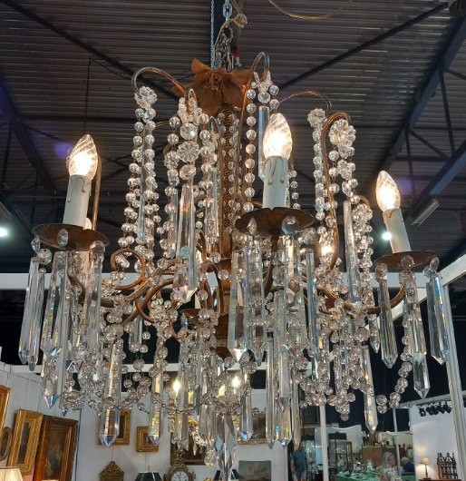 Bohemian Crystal And Gold Wrought Iron Chandelier