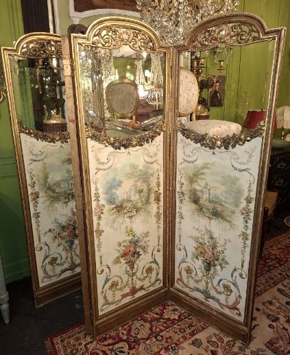 Paravent 4 Feuilles double face en Bois doré