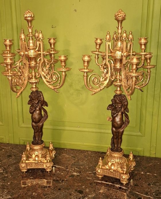 Paire de Chandeliers en Bronze Double Patine - Epoque Napoléon III
