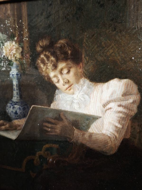 Tableau Scène d'Intérieur - Huile sur Acajou - Cadre en Bois doré-photo-3