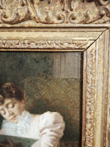 Tableau Scène d'Intérieur - Huile sur Acajou - Cadre en Bois doré-photo-2