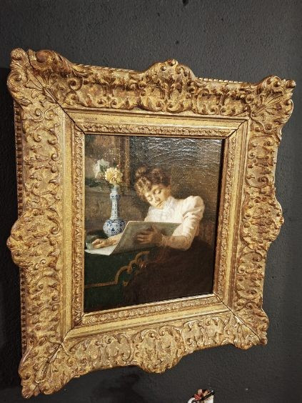 Tableau Scène d'Intérieur - Huile sur Acajou - Cadre en Bois doré-photo-3