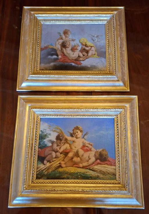 Pair Of Paintings With Angels And Putti - Oil On Panel