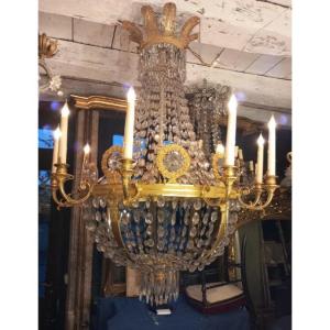 Large Hot Air Balloon Chandelier In Gilt Bronze And Crystal - Empire Period