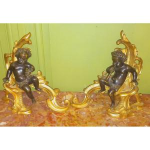 Pair Of Double Patina Gilt Bronze Andirons