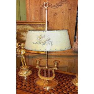 Lyre Bouillotte Lamp In Gilt Bronze With Painted Sheet Metal Shade - 19th Century