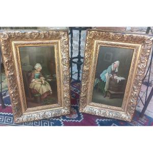 Pair Of Paintings (oils On Panels) Depicting Interior Scenes