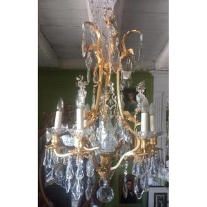 Lustre en Bronze Doré et Cristal