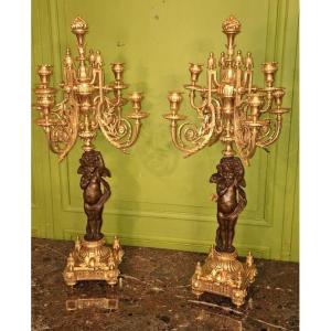 Pair Of Bronze Candlesticks With Double Patina - Napoleon III Period