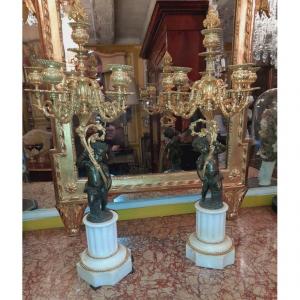 Pair Of Gilt Bronze Candlesticks With Double Patina, On Carrara Marble Base