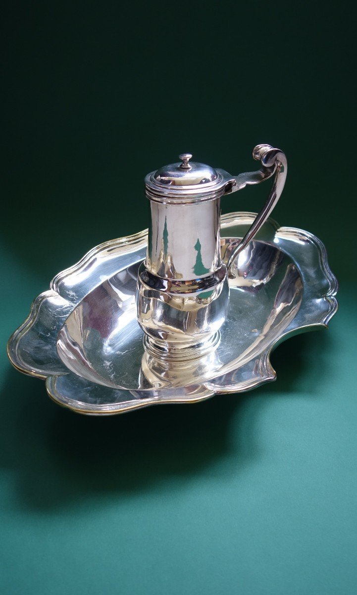 Dish And Hot Water Pot Of Barber-wigmaker In Silver Metal Regency Period-photo-7